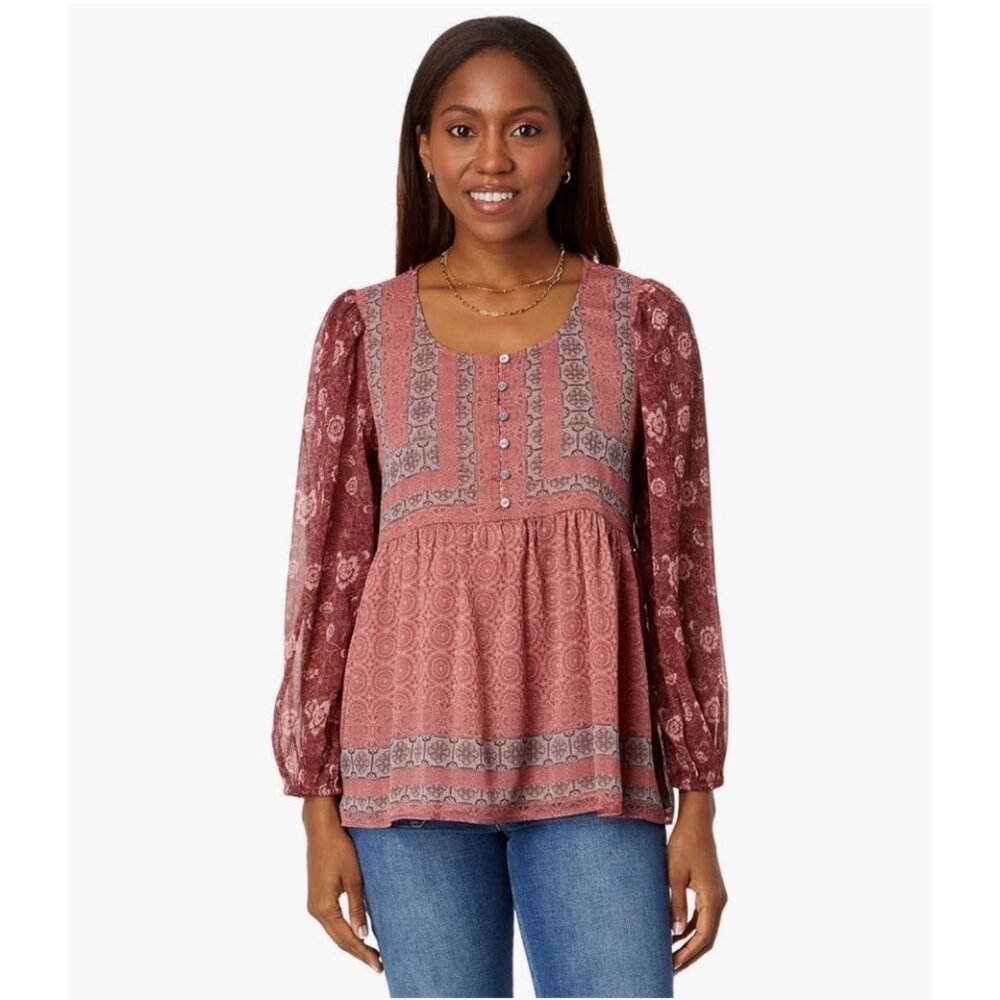Lucky Brand Womens Boho Printed Peasant Top Long Sleeve Button Front Relaxed Fit